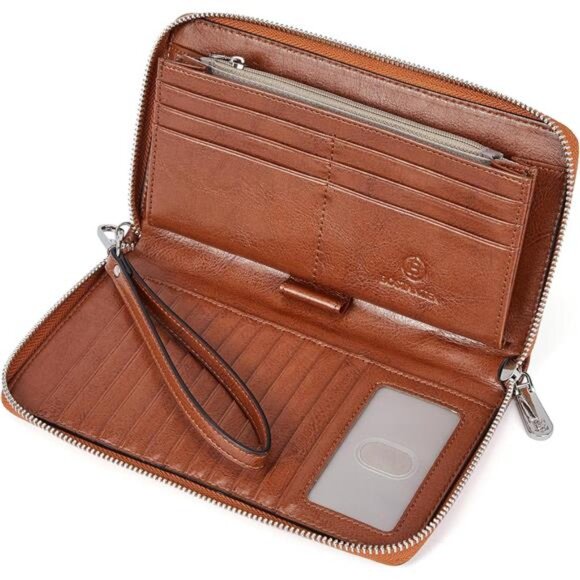 Leather Wallet RFID Blocking Zip Around Credit Cards Holder Clutch Brown - Picture 6 of 7